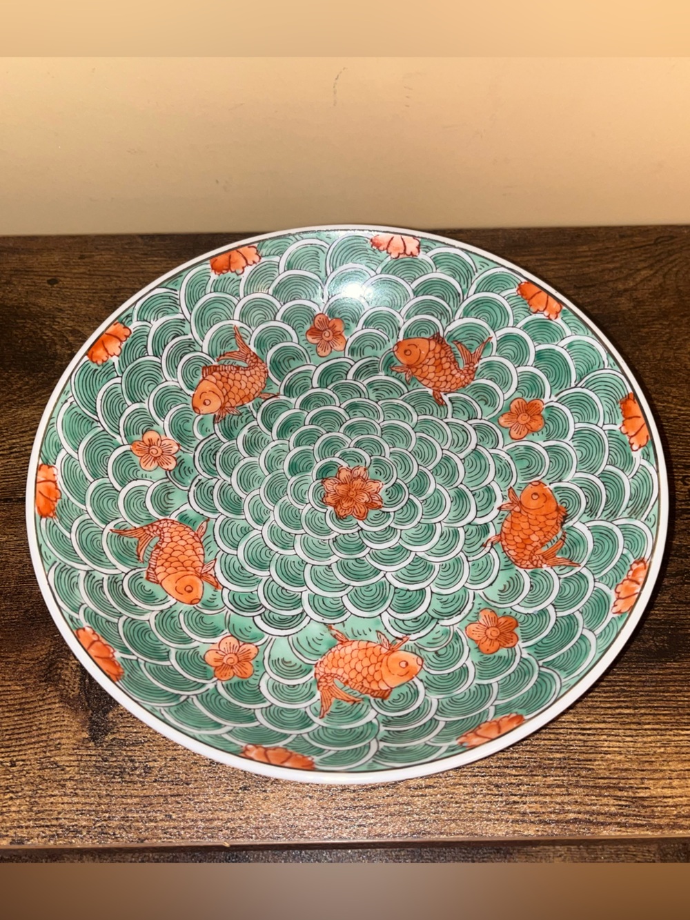 Vintage Japanese Koi Porcelain Plate Green, White and Orange Decorate Hong Kong